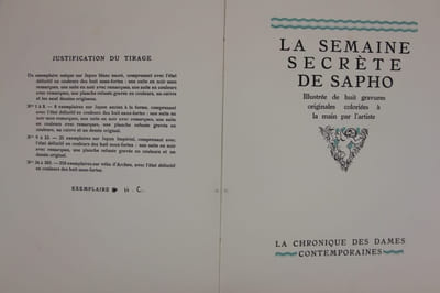 La semaine secrète de Sapho illustrée de huit gravures originales coloriées à la main par l'artiste. sl, La chronique des dames contemporaines