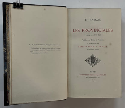 Les Provinciales (texte de 1656-57) publiées avec notes et variantes et précédées d'une préface par M. S. de Sacy,... . PASCAL, Blaise