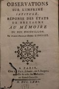 Observations sur l’Imprimé intitulé, Réponse des états de Bretagne au Mémoire du Duc d’Aiguillon.. Par Simon-Nicolas-Henri Linguet par LINGUET (Simon-Nicolas-Henri ) - Image 2