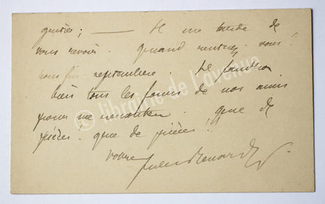Carte autographe signée [à Tristan Bernard], sd. . RENARD Jules