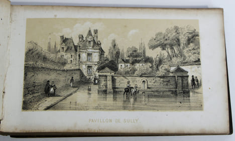 Souvenirs de Fontainebleau. Recueil de 29 lithographies dont 2 repliées dit «album genévrier» figurant le château de Fontainebleau et les plus beaux ...