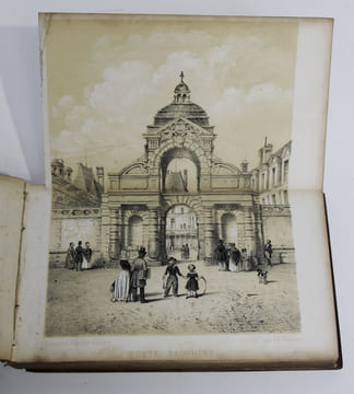 Souvenirs de Fontainebleau. Recueil de 29 lithographies dont 2 repliées dit «album genévrier» figurant le château de Fontainebleau et les plus beaux ...