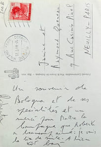 Carte postale manuscrite envoyée à Janine et Raymond Queneau (Bologna e le Tre Specialità).