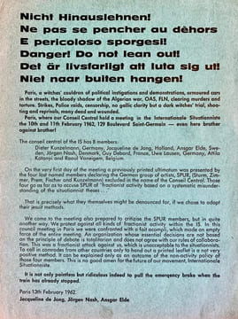 Nicht hinauslehnen ! Ne pas se pencher au dehors. E pericoloso sporgesi ! Danger! Do not lean out!... . INTERNATIONALE SITUATIONNISTE.