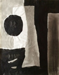 Composition géométrique en noir, blanc et gris dégradés.