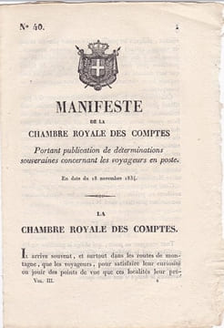 Manifeste de la chambre royale des comptes portant publication des déterminations souveraines concernant les voyageurs en poste. CERRUTI