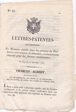 Lettres-Patentes par lesquelles Sa Majesté établit dans les prisons de Pallanza, une maison de détention. CERRUTI BELLEMIN L ESCARENE
