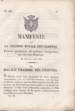 Manifeste de la chambre royale des comptes portant publication de quelques changements aux lois des Douanes. undefined