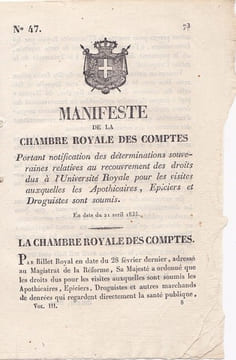Manifeste de la chambre royale des comptes portant notification des déterminations souveraines relatives au recouvrement des. undefined