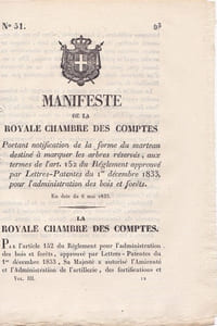 Manifeste de la chambre royale des comptes portant notification de la forme du marteau destiné à marquer les arbres réservés,