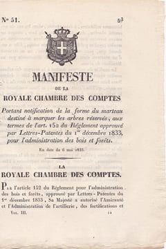 Manifeste de la chambre royale des comptes portant notification de la forme du marteau destiné à marquer les arbres réservés,. undefined