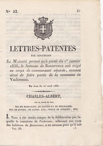 Lettres-Patentes par lesquelles Sa Majesté permet qu'à partir du 1er janvier 1836, le hameau de Bonnevaux soit érigé ...