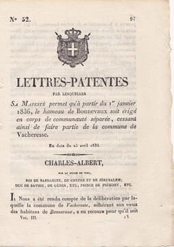 Lettres-Patentes par lesquelles Sa Majesté permet qu'à partir du 1er janvier 1836, le hameau de Bonnevaux soit érigé .... undefined