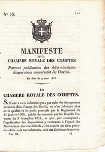 Manifeste de la chambre royale des comptes portant publication des déterminations souveraines concernant les Dorini