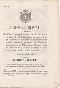 Brevet Royal par lequel Sa Majesté rappelle en fonctions la Junte supérieure de santé publique, confère à trois de ses membres