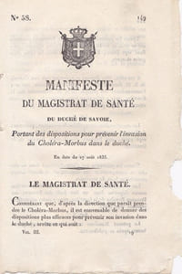 Manifeste du magistrat de santé du Duché de Savoie, portant des dispositions pour prévenir l'invasion du Choléra