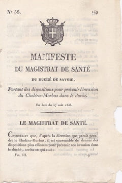 Manifeste du magistrat de santé du Duché de Savoie, portant des dispositions pour prévenir l'invasion du Choléra. undefined