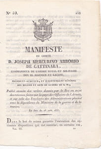 Manifeste du Comte D. Joseph Mercurino Arborio de Gattinara, commandeur de l'ordre royal et militaire des SS Maurice et Lazare,