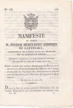 Manifeste du Comte D. Joseph Mercurino Arborio de Gattinara, commandeur de l'ordre royal et militaire des SS Maurice et Lazare,. undefined