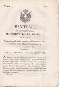 Manifeste de l'excellentissime magistrat de la réforme des études, portant notification des dispositions souveraines relatives