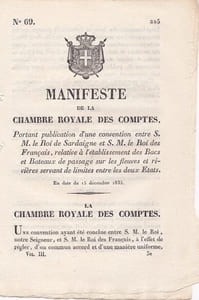 Manifeste de la chambre royale des comptes portant publication d'une convention entre S.M. le Roi de Sardaigne et