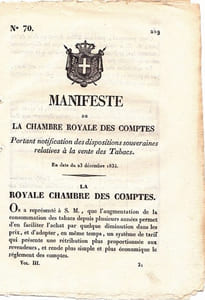 Manifeste de la chambre royale des comptes portant notification des dispositions souveraines relative à la vente des Tabacs