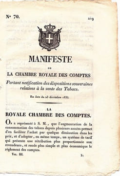 Manifeste de la chambre royale des comptes portant notification des dispositions souveraines relative à la vente des Tabacs. undefined