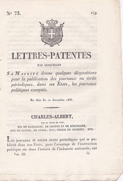 Lettres-Patentes par lesquelles Sa Majesté donne quelques dispositions pour la publication des journaux ou écrits périodiques,. undefined