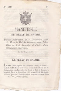 Manifeste du Sénat de Savoie portant publication de la Convention entre S.M. et le Roi de Hanovre pour l'abolition du droit