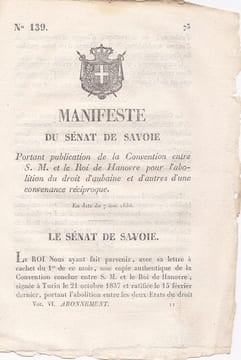 Manifeste du Sénat de Savoie portant publication de la Convention entre S.M. et le Roi de Hanovre pour l'abolition du droit. undefined