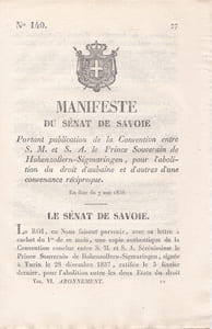 Manifeste du Sénat de Savoie portant publication de la Convention entre S.M. et S.A. le Prince Souverain de Hohenzollern-