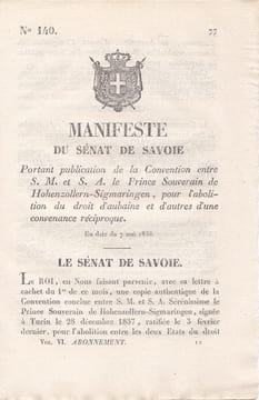 Manifeste du Sénat de Savoie portant publication de la Convention entre S.M. et S.A. le Prince Souverain de Hohenzollern-. undefined