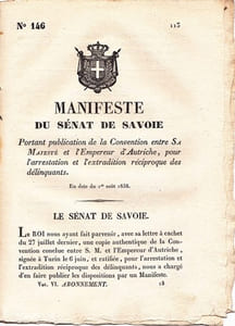 Manifeste du Sénat de Savoie portant publication de la Convention entre Sa Majesté et l'Empereur d'Autriche, pour l'arrestation