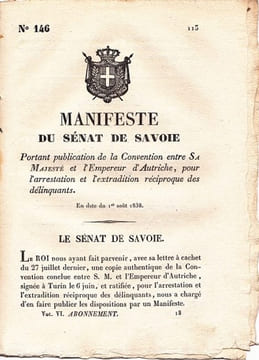 Manifeste du Sénat de Savoie portant publication de la Convention entre Sa Majesté et l'Empereur d'Autriche, pour l'arrestation. undefined