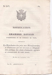 Notification de la Chambre Royale d'Agriculture et de Commerce de Turin concernant la distribution des prix aux Manufacturiers
