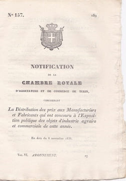 Notification de la Chambre Royale d'Agriculture et de Commerce de Turin concernant la distribution des prix aux Manufacturiers. undefined