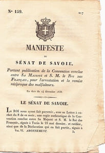 Manifeste du Sénat de Savoie portant publication de la Convention conclue entre Sa Majesté et S.M. le Roi des Français, pour