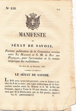 Manifeste du Sénat de Savoie portant publication de la Convention conclue entre Sa Majesté et S.M. le Roi des Français, pour. undefined