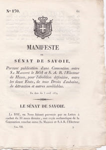 Manifeste du Sénat de Savoie portant publication d'une Convention entre Sa Majesté le Roi et S.A.R. l'Electeur de Hesse, pour