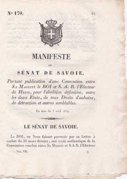 Manifeste du Sénat de Savoie portant publication d'une Convention entre Sa Majesté le Roi et S.A.R. l'Electeur de Hesse, pour. undefined
