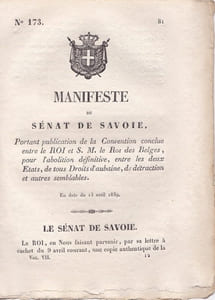 Manifeste du Sénat de Savoie portant publication de la Convention conclue entre  le Roi et S.M. le Roi des Belges, pour