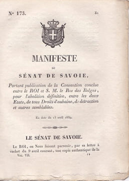 Manifeste du Sénat de Savoie portant publication de la Convention conclue entre le Roi et S.M. le Roi des Belges, pour. undefined