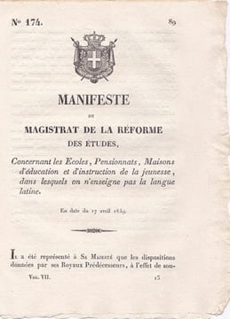 Manifeste du Magistrat de la Réforme des Etudes, concernant les Ecoles, Maisons d'éducation et d'instruction de la jeunesse. undefined