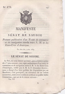 Manifeste du Sénat de Savoie portant publication d'un Traité de commerce et de navigation conclu entre S. M. et les Etats Unis