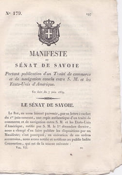 Manifeste du Sénat de Savoie portant publication d'un Traité de commerce et de navigation conclu entre S. M. et les Etats Unis. undefined