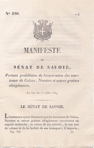 Manifeste du Sénat de Savoie portant prohibition de l'exportation de tourteaux de colza, Navettes et autres graines