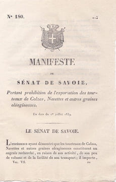 Manifeste du Sénat de Savoie portant prohibition de l'exportation de tourteaux de colza, Navettes et autres graines. undefined
