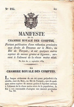 Manifeste de la chambre royale des comptes portant publication d'une réduction provisoire aux droits de Douanes sur le Maïs, ou. undefined