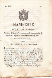 Manifeste du Sénat de Savoie portant défense d'exportation de toute espèce de céréales, légumes secs et pommes de terre.