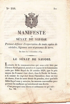 Manifeste du Sénat de Savoie portant défense d'exportation de toute espèce de céréales, légumes secs et pommes de terre.. undefined